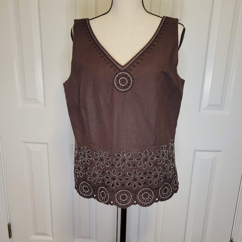 Talbots Collection Linen Cotton Embroidered Sleeveless Top Brown Size 12